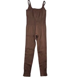 OQQ Womens Ribbed Seamless Jumpsuit Bodysuit Brown Large One Piece Unitard